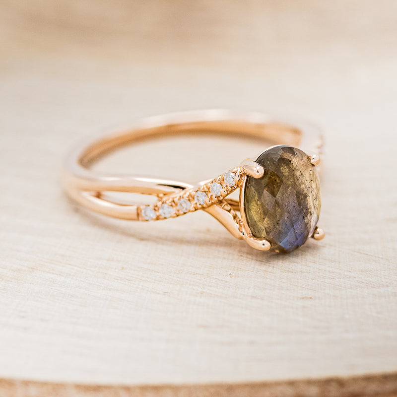 "ROSLYN" - OVAL LABRADORITE ENGAGEMENT RING WITH DIAMOND ACCENTS
