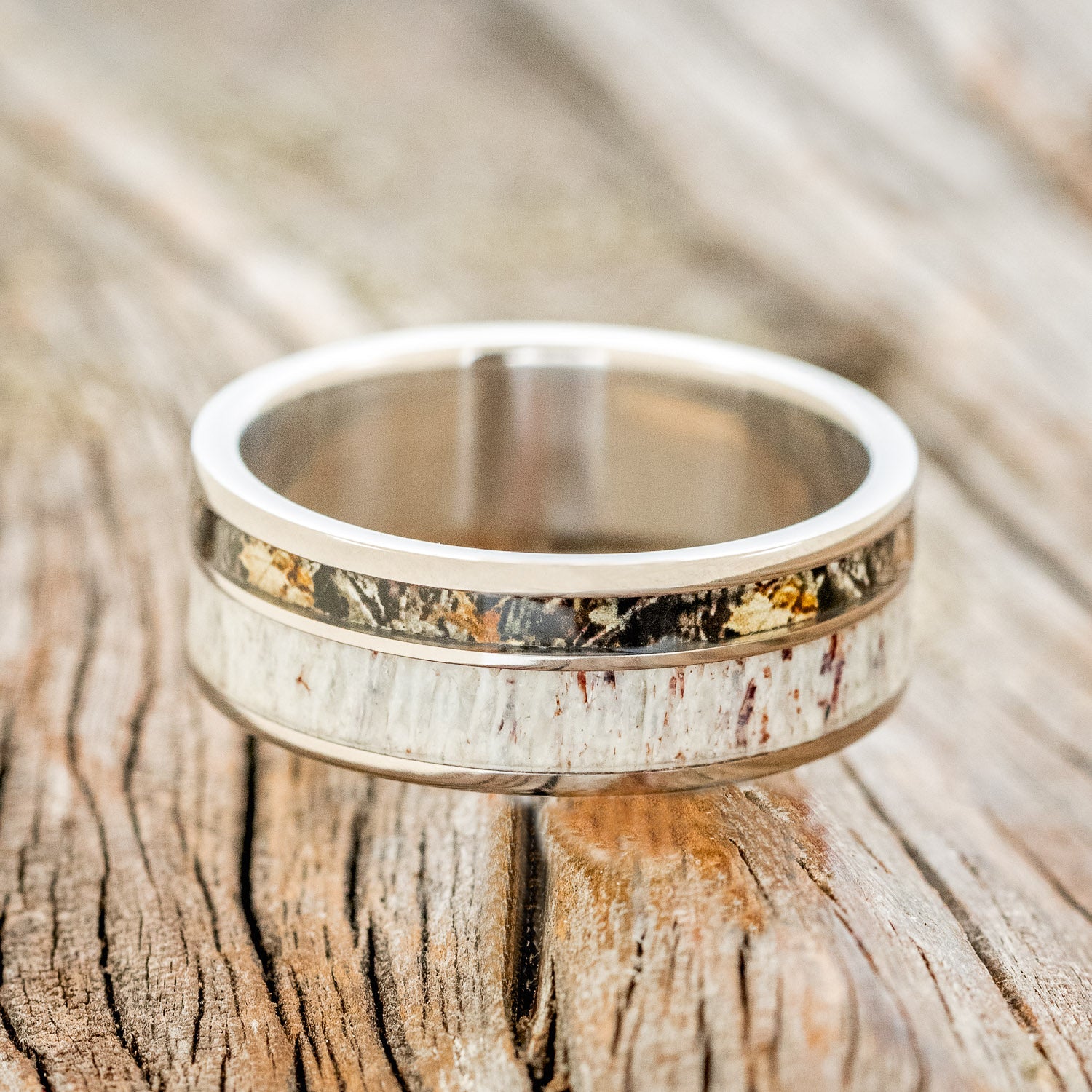 "RAPTOR" - CAMO & ELK ANTLER INLAY WEDDING BAND-3