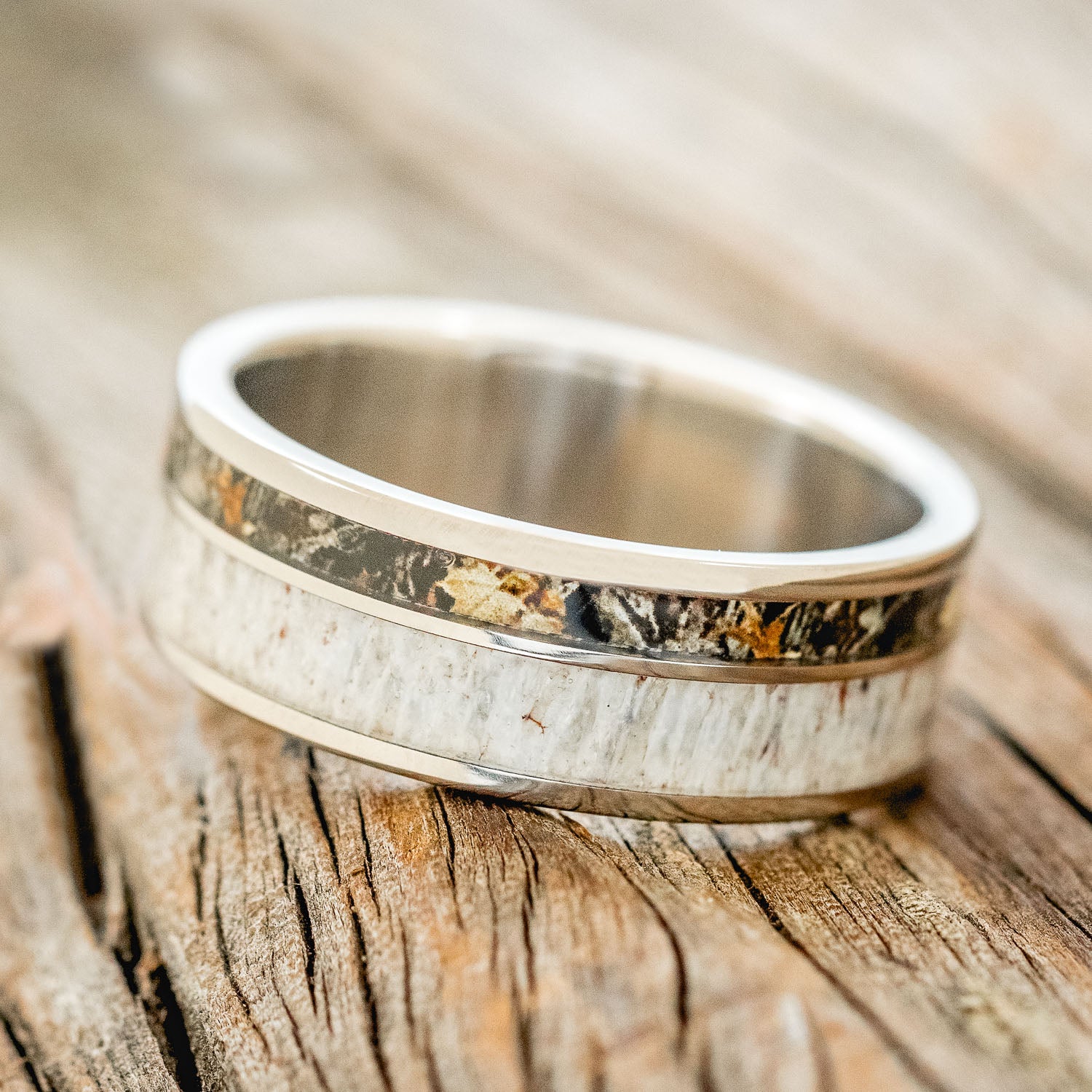 "RAPTOR" - CAMO & ELK ANTLER INLAY WEDDING BAND-2