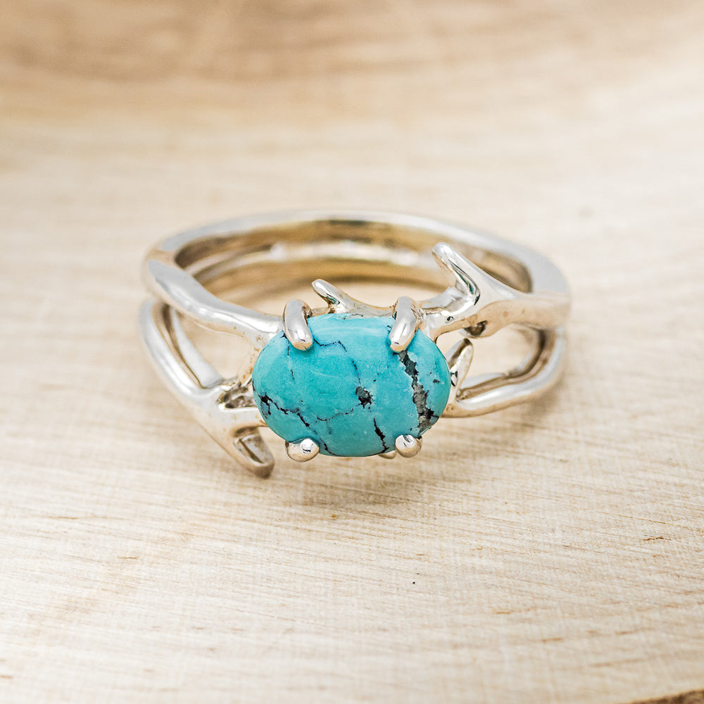 "ARTEMIS" - OVAL TURQUOISE ENGAGEMENT RING WITH AN ANTLER STYLE BAND-2