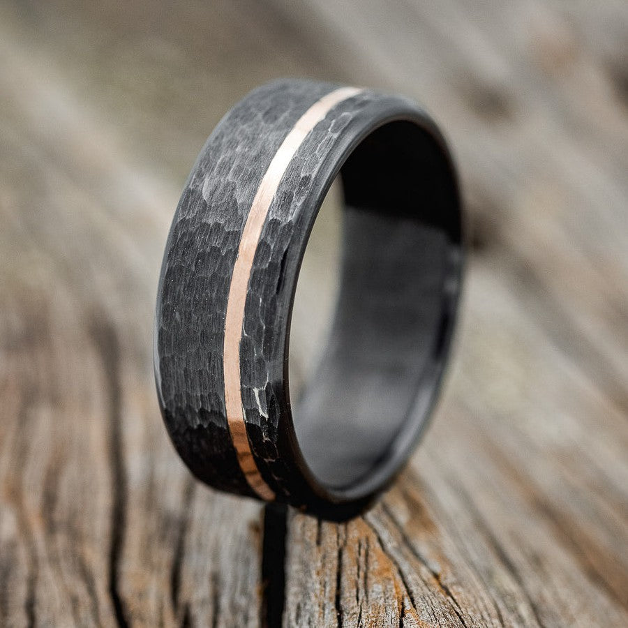 14K GOLD INLAY WEDDING RING FEATURING A HAMMERED BLACK ZIRCONIUM BAND ...