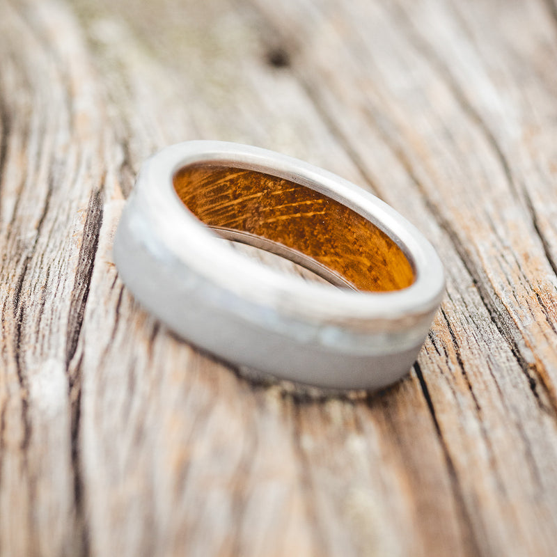 "VERTIGO" - MOTHER OF PEARL WEDDING RING WITH WHISKEY BARREL LINING FEATURING A HAMMERED & SANDBLASTED FINISH - READY TO SHIP-4