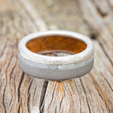 "VERTIGO" - MOTHER OF PEARL WEDDING RING WITH WHISKEY BARREL LINING FEATURING A HAMMERED & SANDBLASTED FINISH