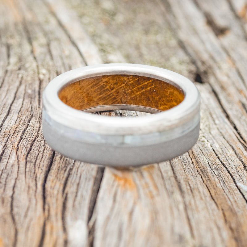 "VERTIGO" - MOTHER OF PEARL WEDDING RING WITH WHISKEY BARREL LINING FEATURING A HAMMERED & SANDBLASTED FINISH - READY TO SHIP-6