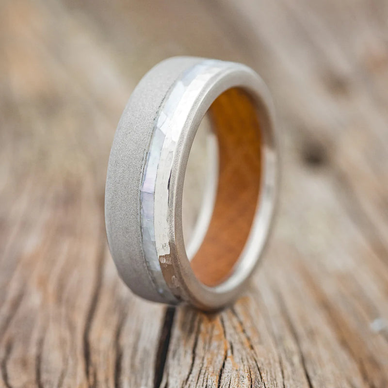 "VERTIGO" - MOTHER OF PEARL WEDDING RING WITH A HAMMERED AND SANDBLASTED FINISH & WHISKEY BARREL OAK LINED BAND - TITANIUM - SIZE 6 3/4