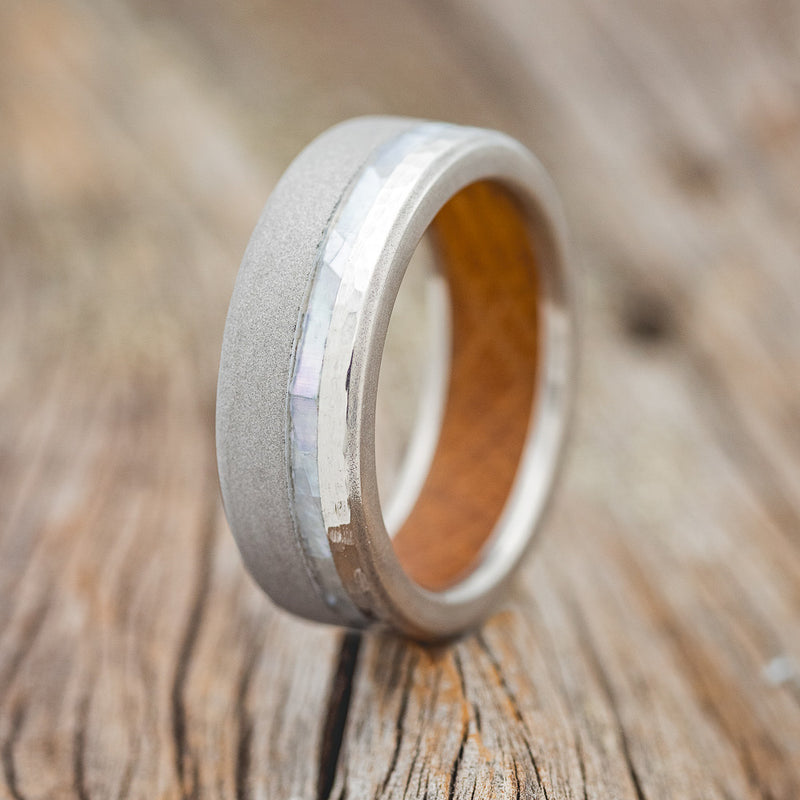 "VERTIGO" - MOTHER OF PEARL WEDDING RING WITH WHISKEY BARREL LINING FEATURING A HAMMERED & SANDBLASTED FINISH - READY TO SHIP-1