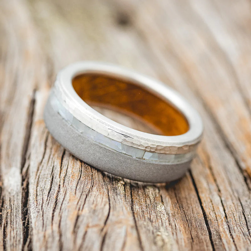 "VERTIGO" - MOTHER OF PEARL WEDDING RING WITH A HAMMERED AND SANDBLASTED FINISH & WHISKEY BARREL OAK LINED BAND - TITANIUM - SIZE 6 3/4