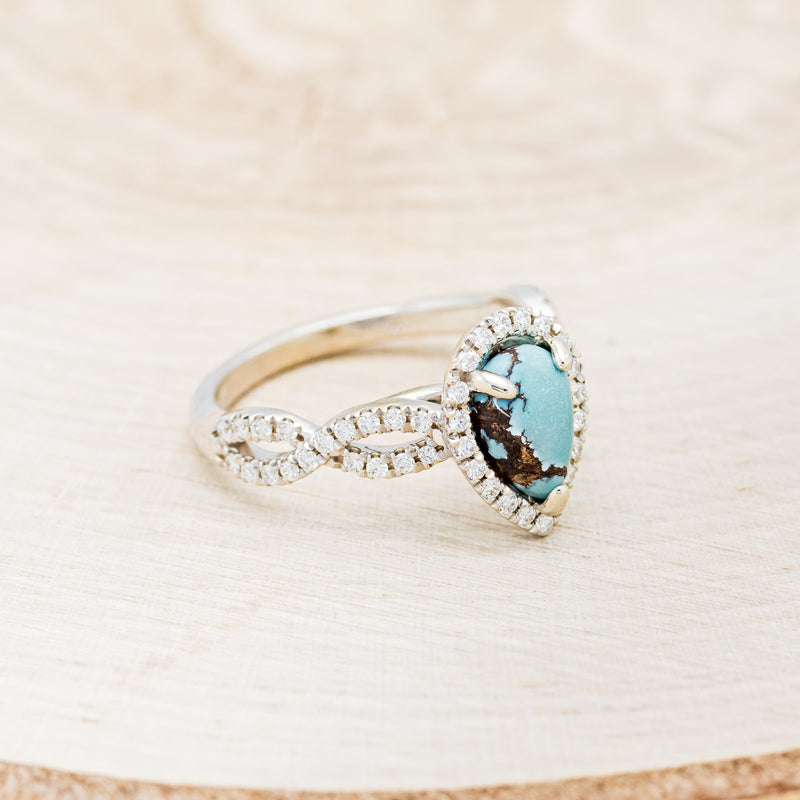 Bridgette - Pear-Shaped Turquoise Engagement Ring with Diamond Halo & Accents 14K White Gold