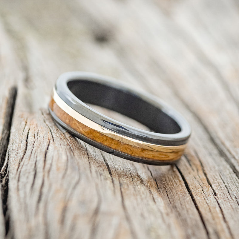 "TANNER" - WHISKEY BARREL OAK & 14K GOLD INLAY WEDDING RING-2