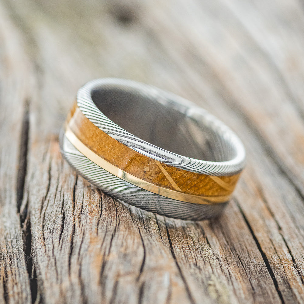 "TANNER" - WHISKEY BARREL & 14K GOLD INLAY WEDDING RING-2