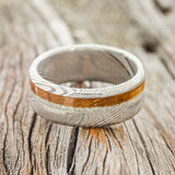 "CASTOR" - ELK TOOTH IVORY & WHISKEY BARREL OAK WEDDING RING FEATURING A DAMASCUS STEEL BAND