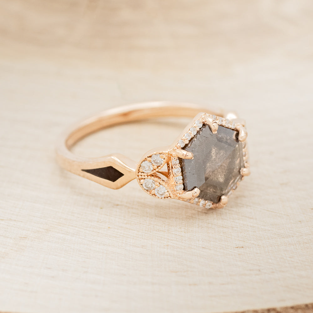 "LUCY IN THE SKY" - HEXAGON SALT & PEPPER ENGAGEMENT RING WITH JET STONE INLAYS-2