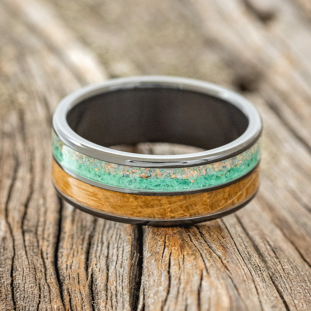 "DYAD" - FIRE & ICE OPAL, MALACHITE, & WHISKEY BARREL OAK WEDDING BAND-3