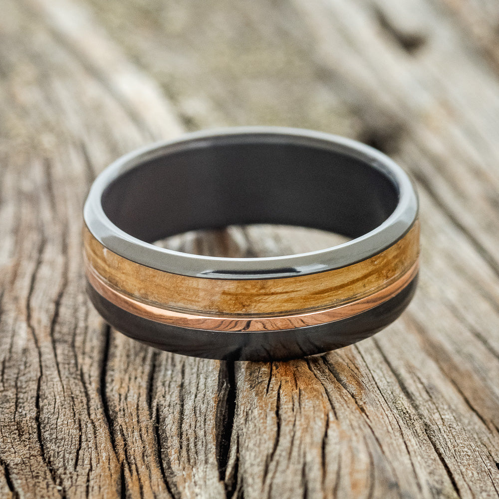 "TANNER" - WHISKEY BARREL OAK & 14K GOLD INLAY WEDDING BAND-3