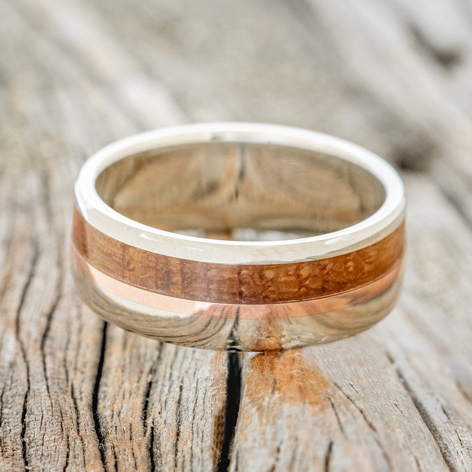"TANNER" - WHISKEY BARREL OAK & 14K GOLD INLAY WEDDING BAND-6