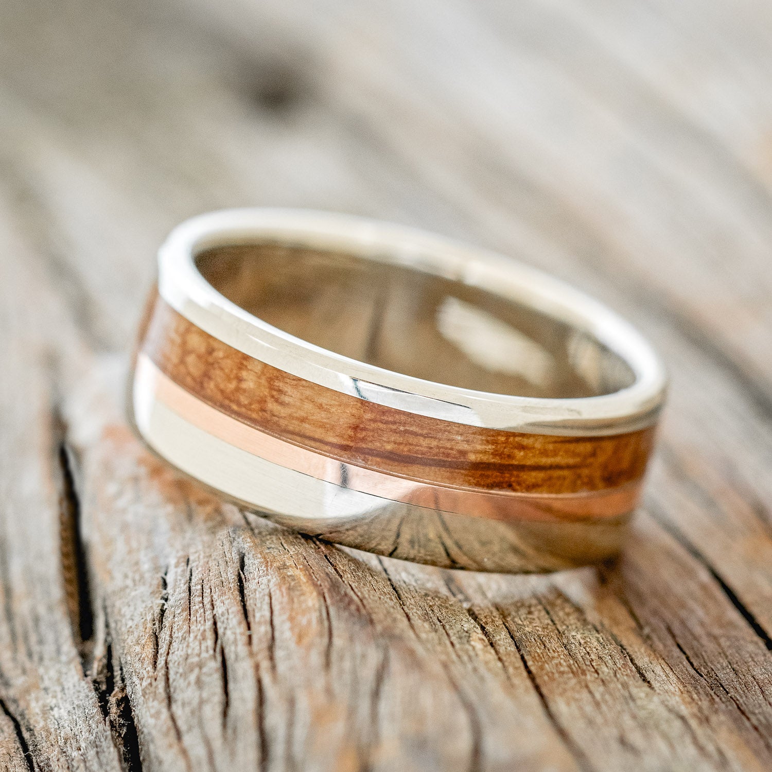 "TANNER" - WHISKEY BARREL OAK & 14K GOLD INLAY WEDDING BAND-5