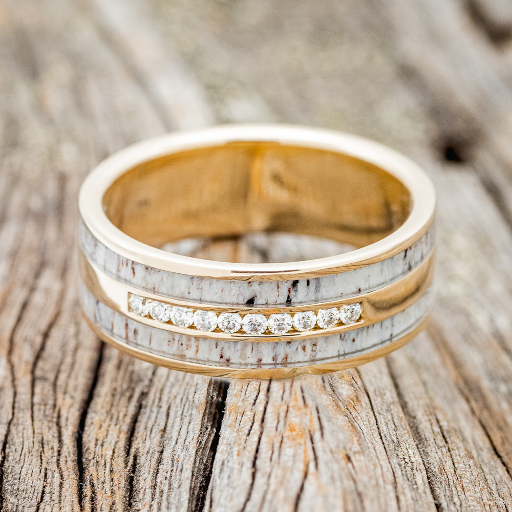 "RYDER" - DIAMONDS & ANTLER INLAYS WEDDING BAND-3