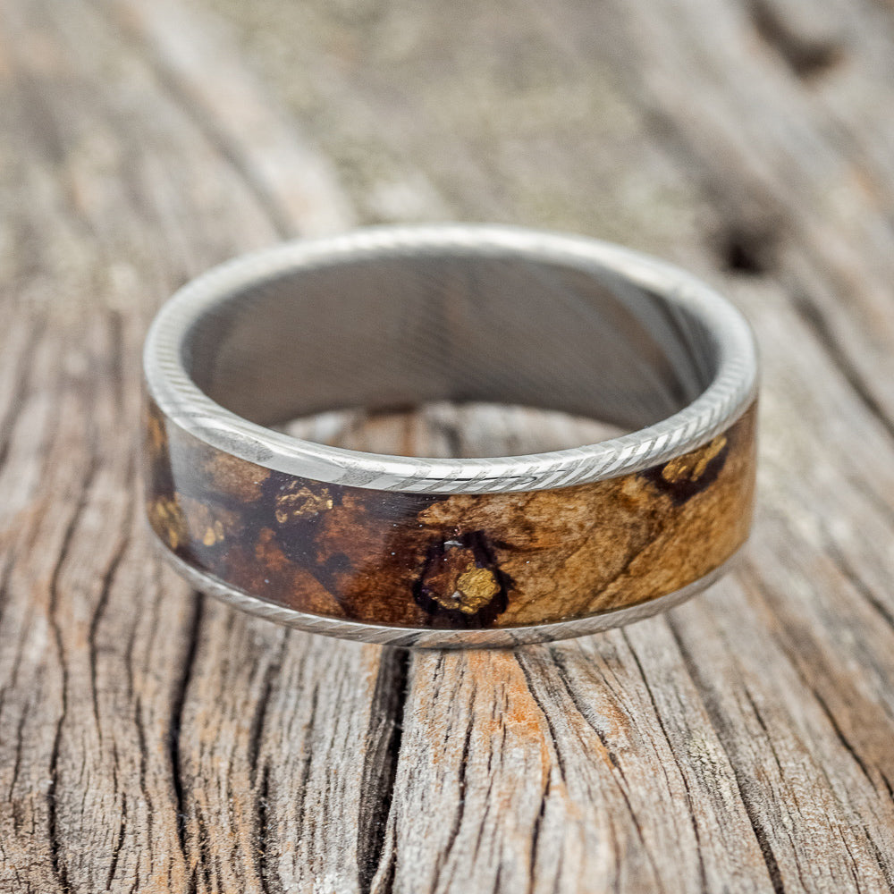 "RAINIER" - BUCKEYE BURL WOOD & GOLD NUGGETS WEDDING BAND-6