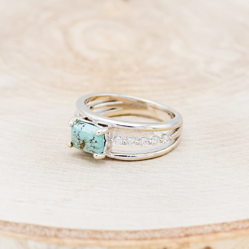 Shown here is "Dolly", a turquoise women's engagement ring with diamond accents, facing left. Many other center stone options are available upon request.