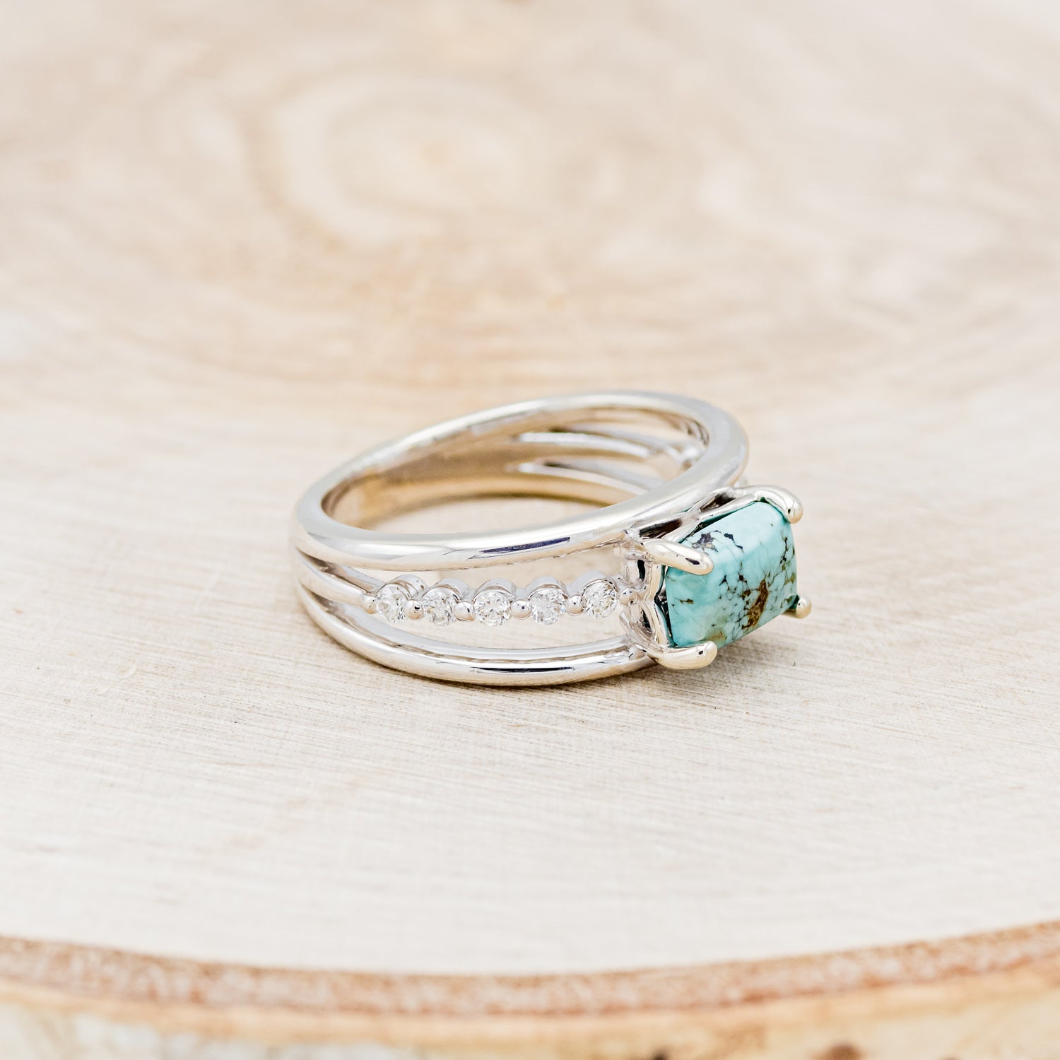 "DOLLY" - EMERALD CUT TURQUOISE ENGAGEMENT RING WITH DIAMOND ACCENTS-2