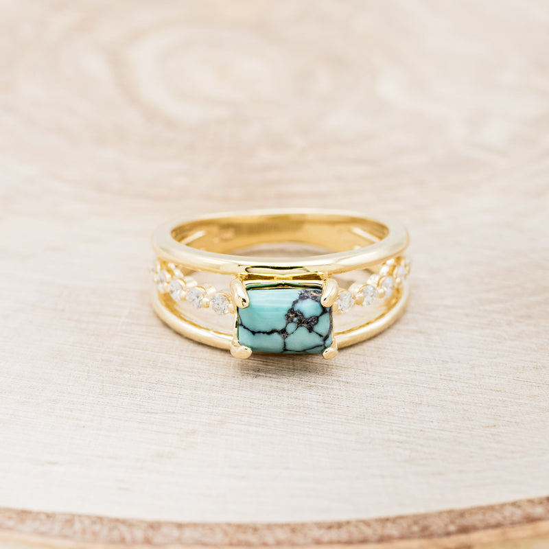 Shown here is "Dolly", a turquoise women's engagement ring with diamond accents, front facing. Many other center stone options are available upon request.