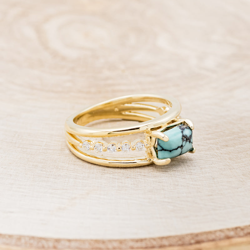 Shown here is "Dolly", a turquoise women's engagement ring with diamond accents, facing right. Many other center stone options are available upon request.
