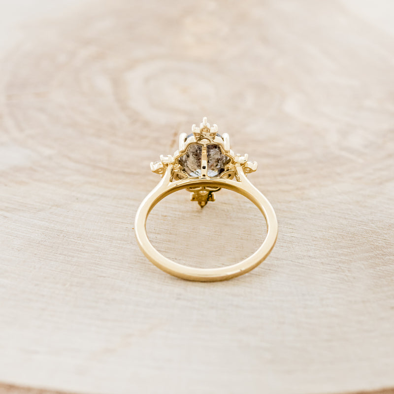 Shown here is "Treva", a women's engagement ring with diamond accents displayed here with an oval salt & pepper diamond but listed here as a mounting-only option, back view. Follow the instructions above to select your stone.