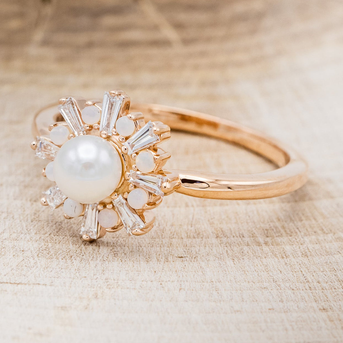 "DOROTHEA" - WHITE AKOYA PEARL ENGAGEMENT RING WITH DIAMOND & OPAL ACCENTS-9