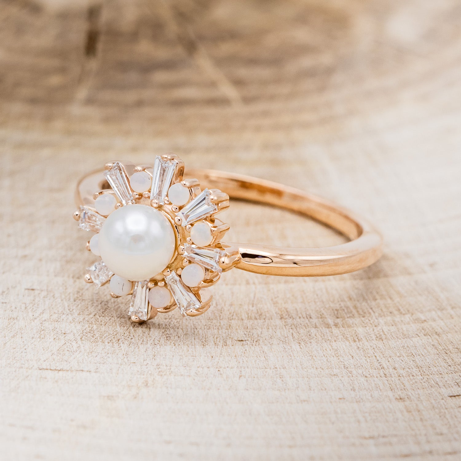 "DOROTHEA" - WHITE AKOYA PEARL ENGAGEMENT RING WITH DIAMOND & OPAL ACCENTS-9