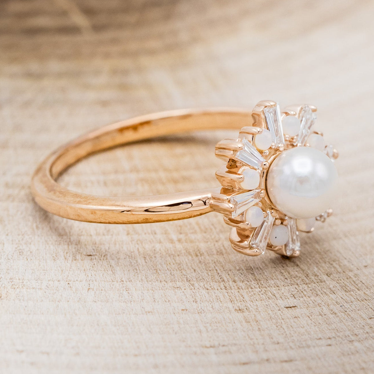 "DOROTHEA" - WHITE AKOYA PEARL ENGAGEMENT RING WITH DIAMOND & OPAL ACCENTS-8