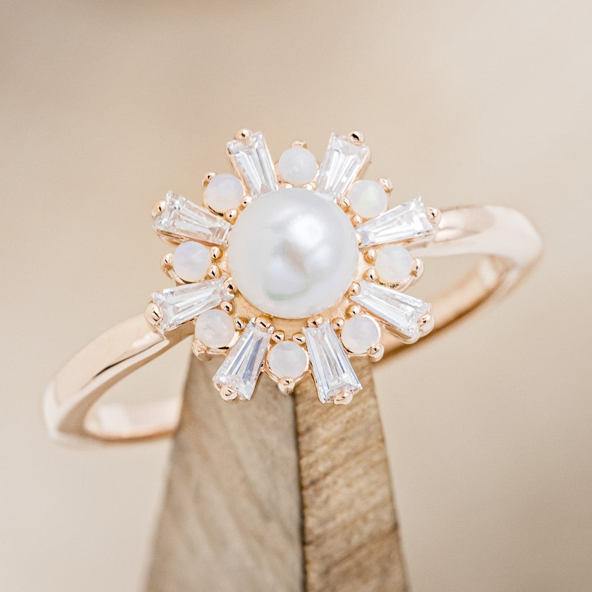 "DOROTHEA" - WHITE AKOYA PEARL ENGAGEMENT RING WITH DIAMOND & OPAL ACCENTS-7