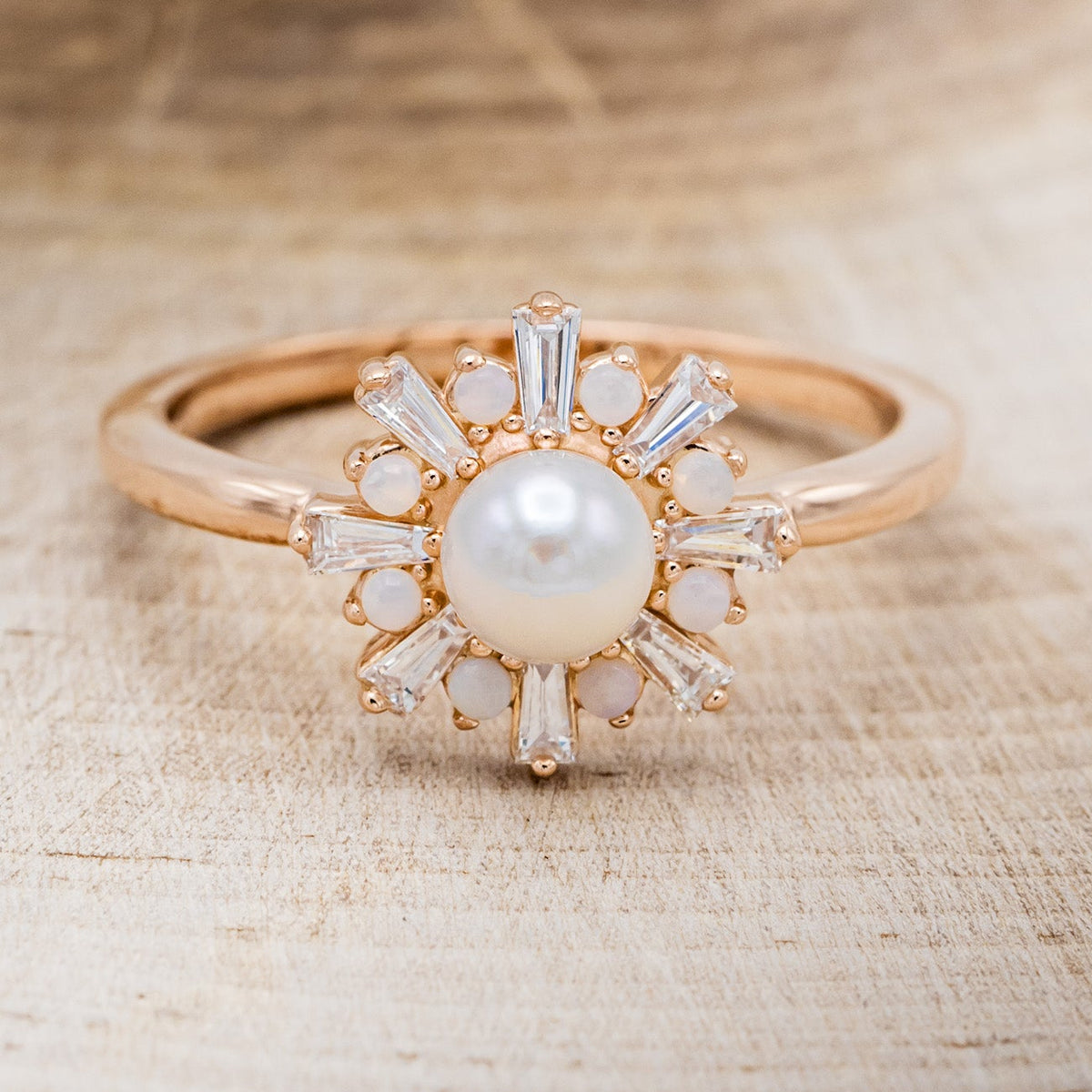 "DOROTHEA" - WHITE AKOYA PEARL ENGAGEMENT RING WITH DIAMOND & OPAL ACCENTS-10