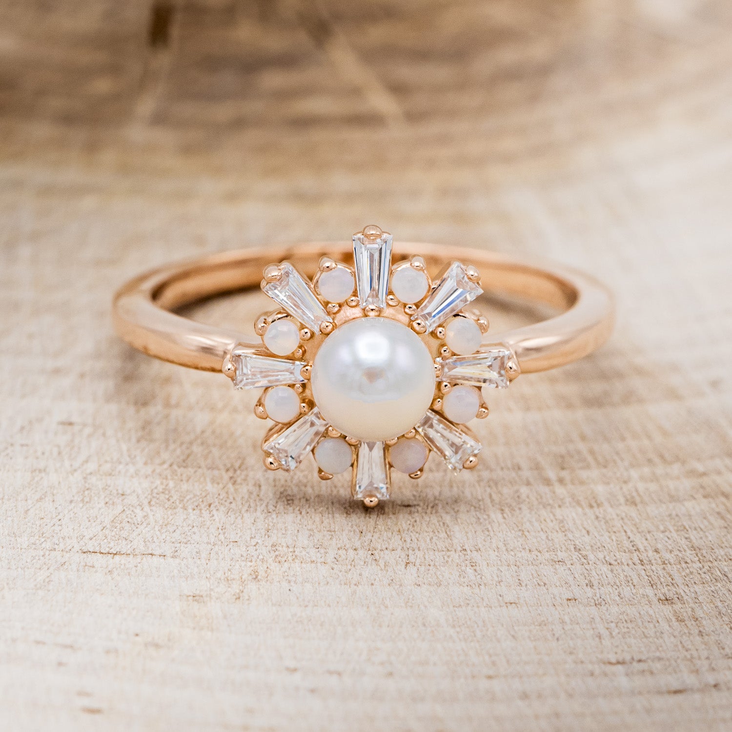 "DOROTHEA" - WHITE AKOYA PEARL ENGAGEMENT RING WITH DIAMOND & OPAL ACCENTS-10
