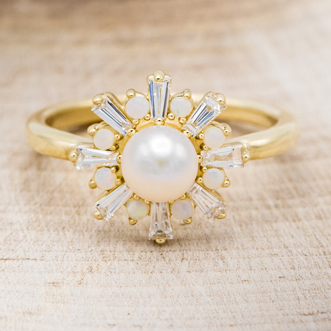"DOROTHEA" - WHITE AKOYA PEARL ENGAGEMENT RING WITH DIAMOND & OPAL ACCENTS-4
