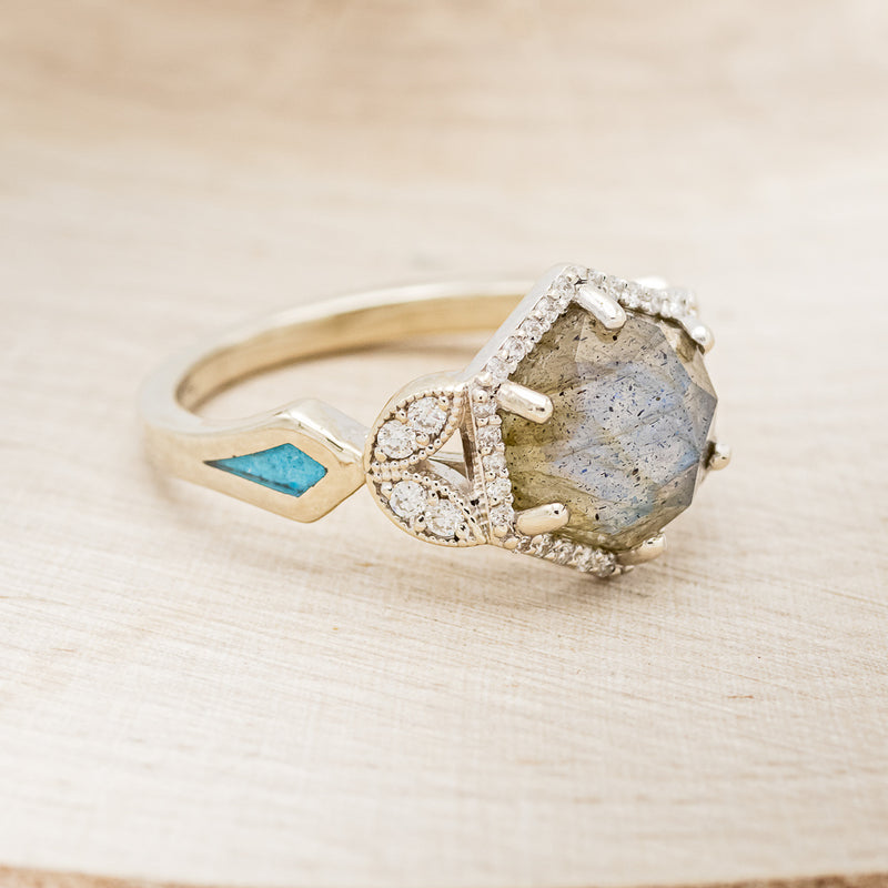 "LUCY IN THE SKY" - HEXAGON LABRADORITE ENGAGEMENT RING WITH DIAMOND ACCENTS & TURQUOISE INLAYS