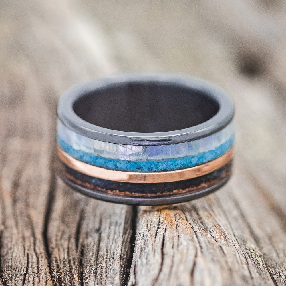 MOTHER OF PEARL, TURQUOISE, 14K GOLD INLAY & PATINA COPPER WEDDING RING-3