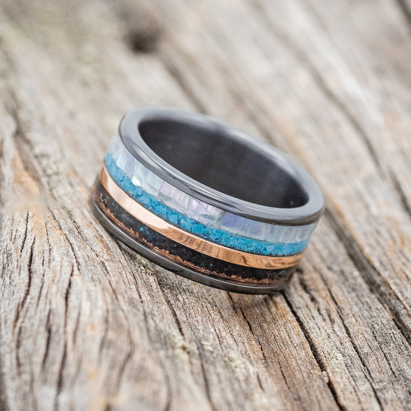 MOTHER OF PEARL, TURQUOISE, 14K GOLD INLAY & PATINA COPPER WEDDING RING FEATURING A BLACK ZIRCONIUM BAND