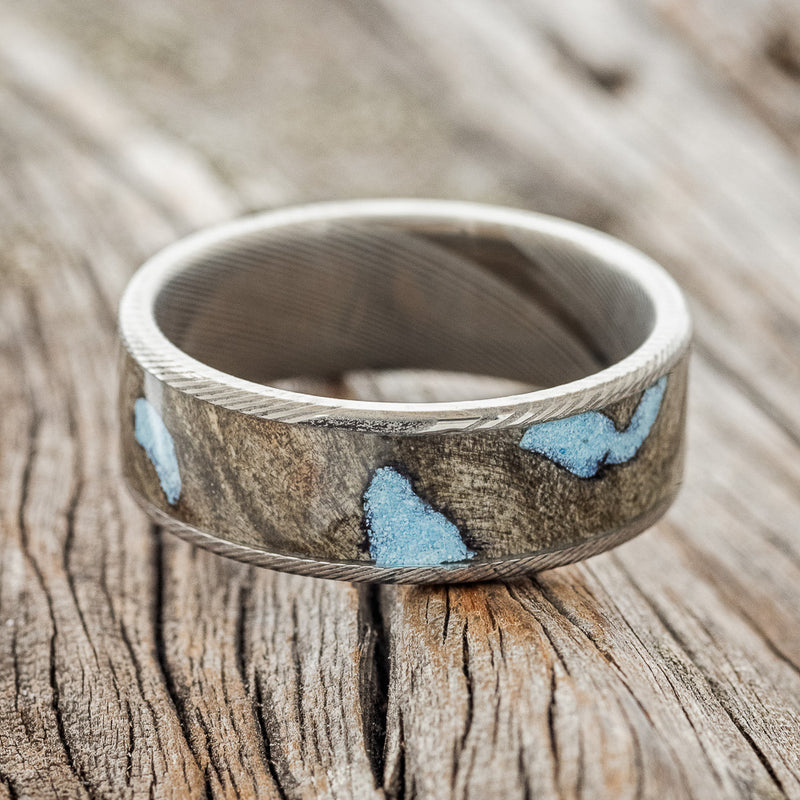 "RAINIER" - BUCKEYE BURL & TURQUOISE WEDDING BAND - DAMASCUS STEEL - SIZE 11 1/2-3