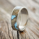 "RAINIER" - BUCKEYE BURL & TURQUOISE WEDDING BAND - DAMASCUS STEEL - SIZE 11 1/2-1