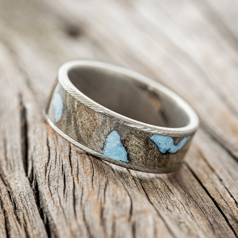 "RAINIER" - BUCKEYE BURL & TURQUOISE WEDDING BAND - DAMASCUS STEEL - SIZE 11 1/2-2