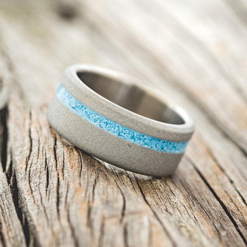 "VERTIGO" - TURQUOISE WEDDING BAND WITH SANDBLASTED FINISH - TITANIUM - SIZE 8 3/4-2