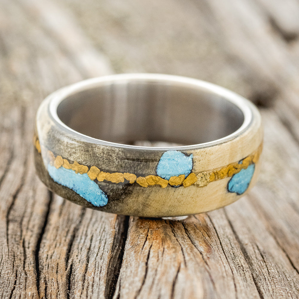 "REMMY" - BUCKEYE BURL WOOD, TURQUOISE & GOLD NUGGETS WEDDING BAND-4