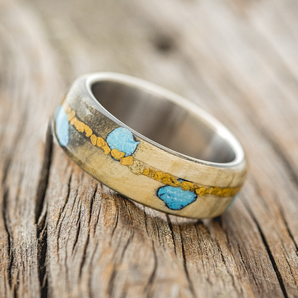 "REMMY" - BUCKEYE BURL WOOD, TURQUOISE & GOLD NUGGETS WEDDING BAND-2