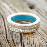 "MEMPHIS" - DIAMONDS & FIRE AND ICE OPAL WEDDING BAND FEATURING A TURQUOISE LINED 14K GOLD BAND-5