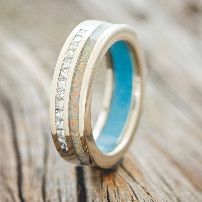 "MEMPHIS" - DIAMONDS & FIRE AND ICE OPAL WEDDING BAND FEATURING A TURQUOISE LINED 14K GOLD BAND-1