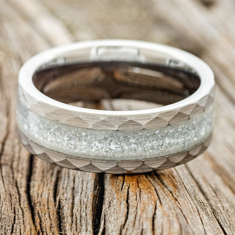 "APOLLO" - FACETED TUNGSTEN WEDDING BAND WITH DIAMOND DUST INLAY - READY TO SHIP-3