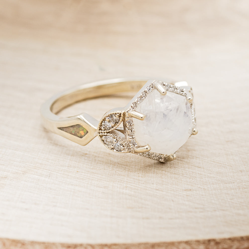 "LUCY IN THE SKY" - FACETED HEXAGON MOONSTONE ENGAGEMENT RING WITH DIAMOND HALO & FIRE AND ICE OPAL INLAYS-2