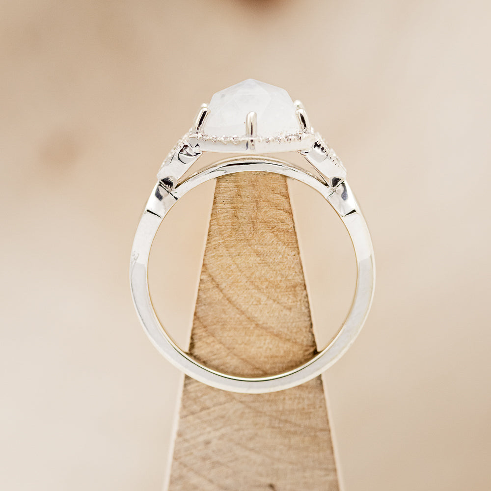 "LUCY IN THE SKY" - FACETED HEXAGON MOONSTONE ENGAGEMENT RING WITH DIAMOND HALO & FIRE AND ICE OPAL INLAYS-5