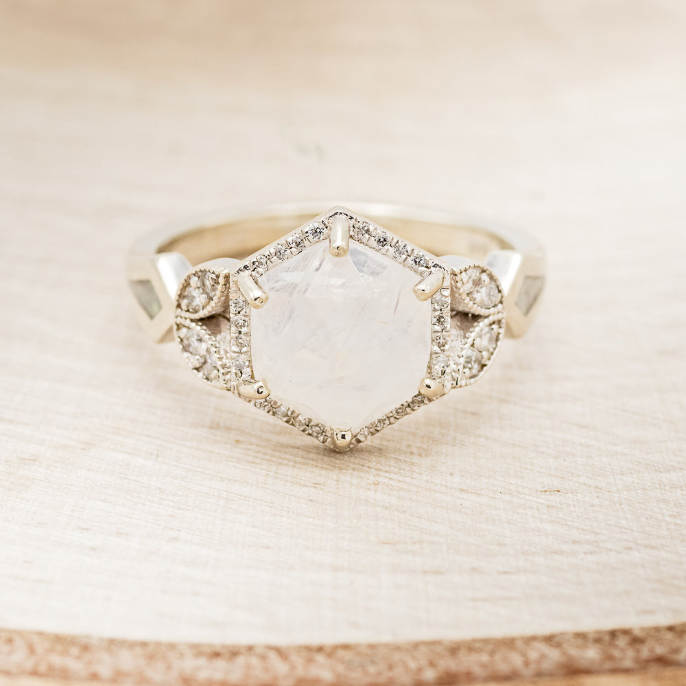 "LUCY IN THE SKY" - FACETED HEXAGON MOONSTONE ENGAGEMENT RING WITH DIAMOND HALO & FIRE AND ICE OPAL INLAYS-4