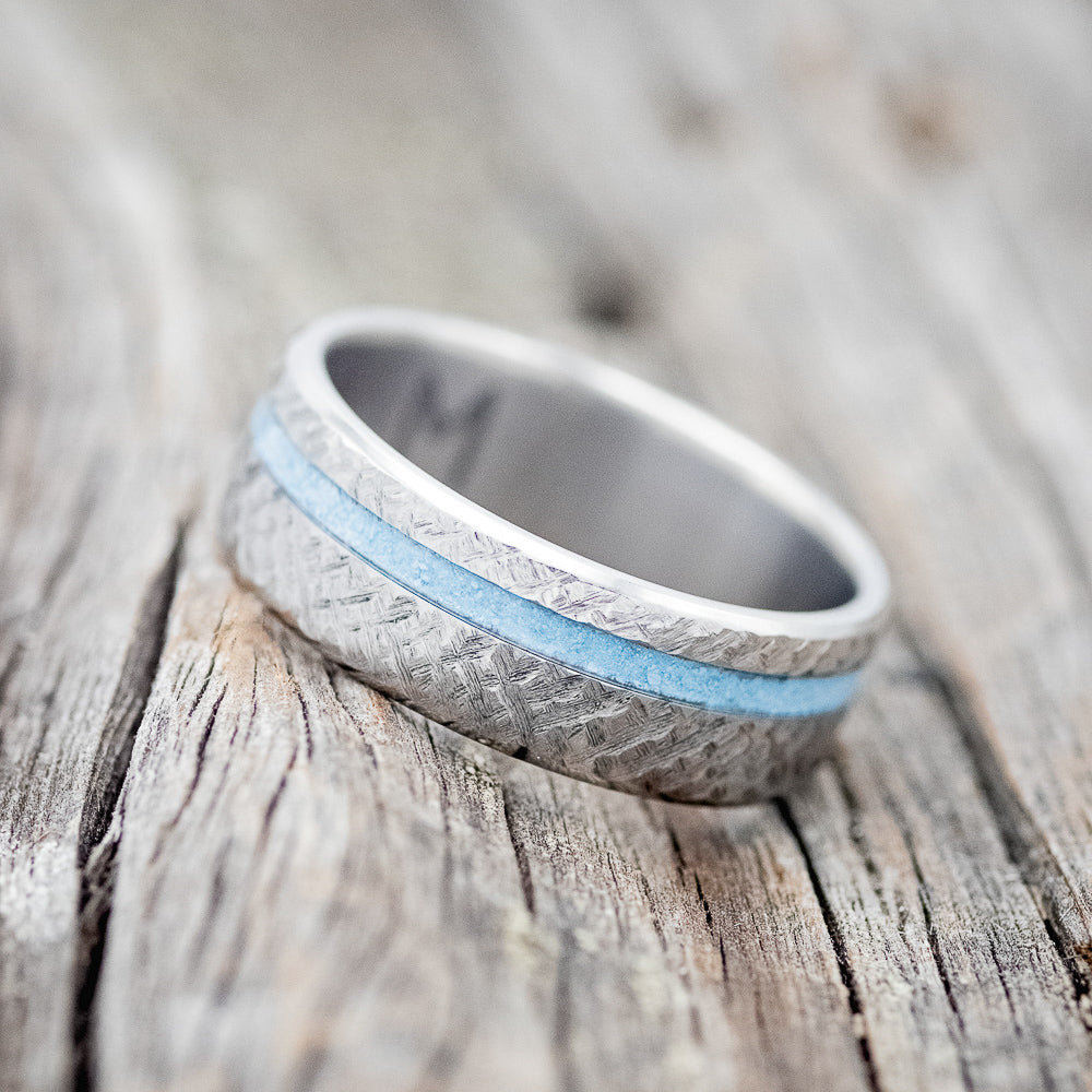 "VERTIGO" - TURQUOISE WEDDING BAND WITH CROSSHATCHED FINISH-2
